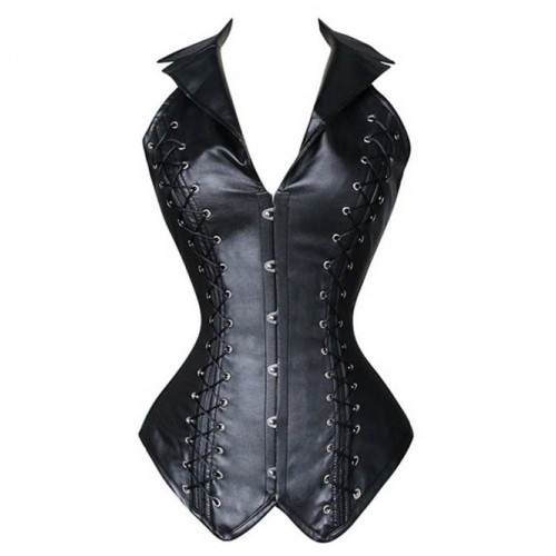 Gothic Sleeveless Turn Down Collar Lace Up Rivets Leather Corset