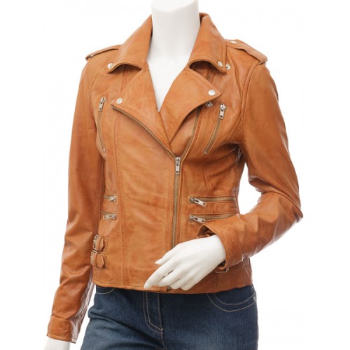 Marx Ladies Tan Biker Leather Jacket