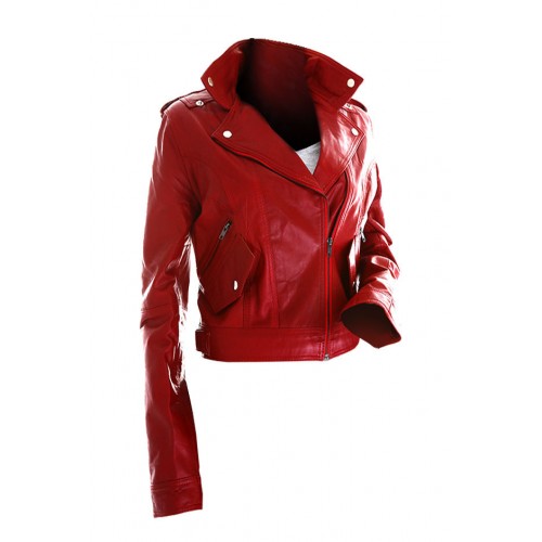 Marx Women Biker Slim Fit Red Leather Jacket