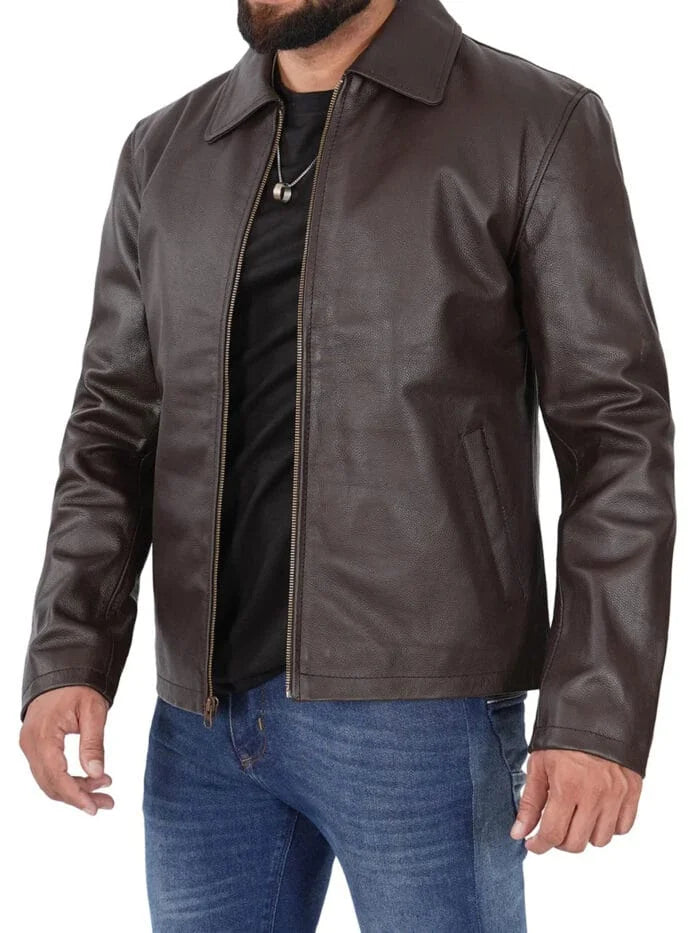 Dark Brown Shirt Collar Cowhide Men’s Leather Jacket