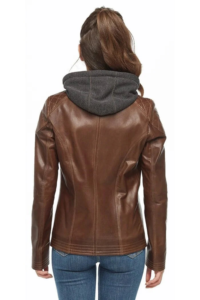 Brown Women’s Hooded Leather Jacket