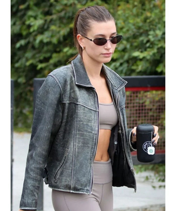 Hailey Bieber Black Distressed Leather Jacket