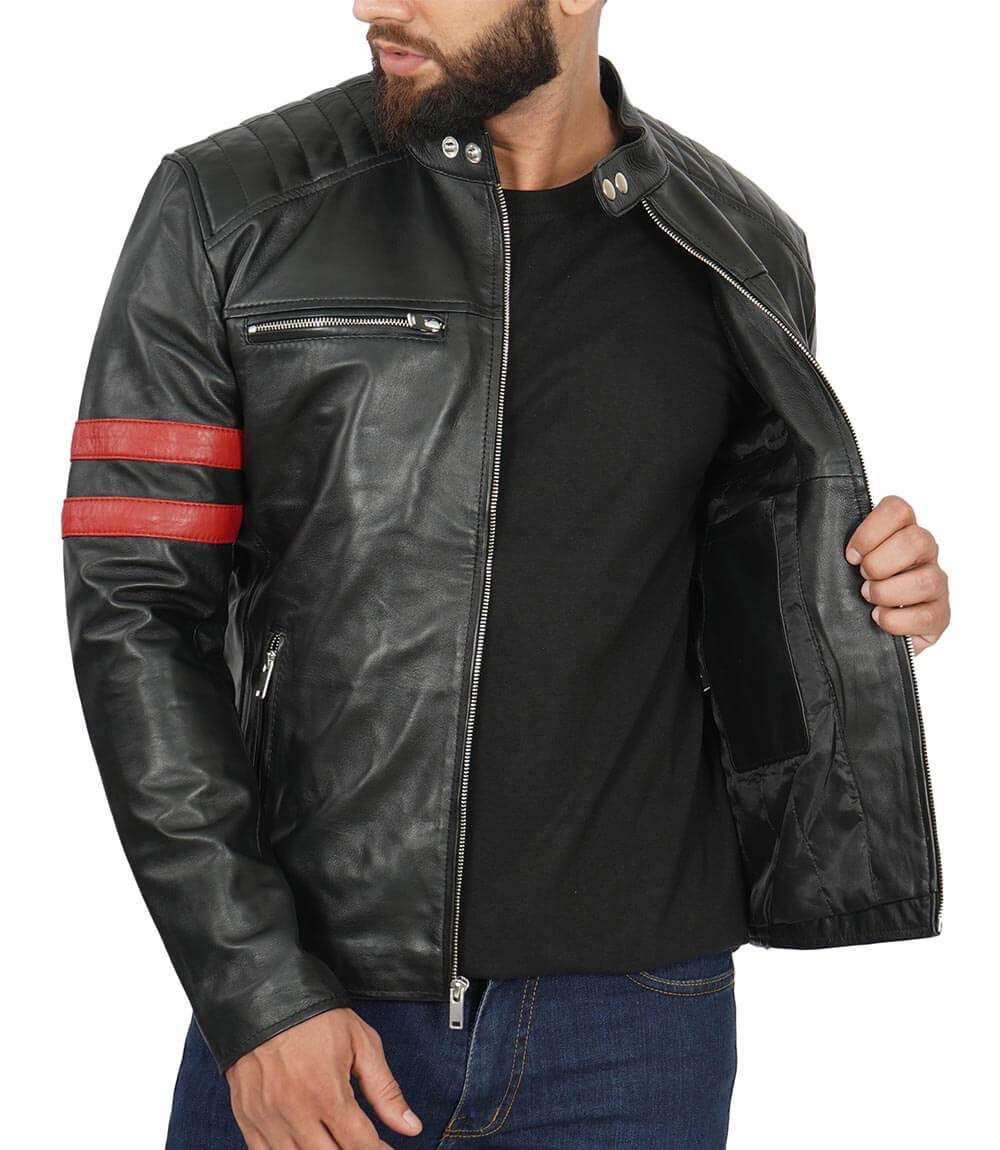 Men Red Stripe Cafe Racer Leather Jacket