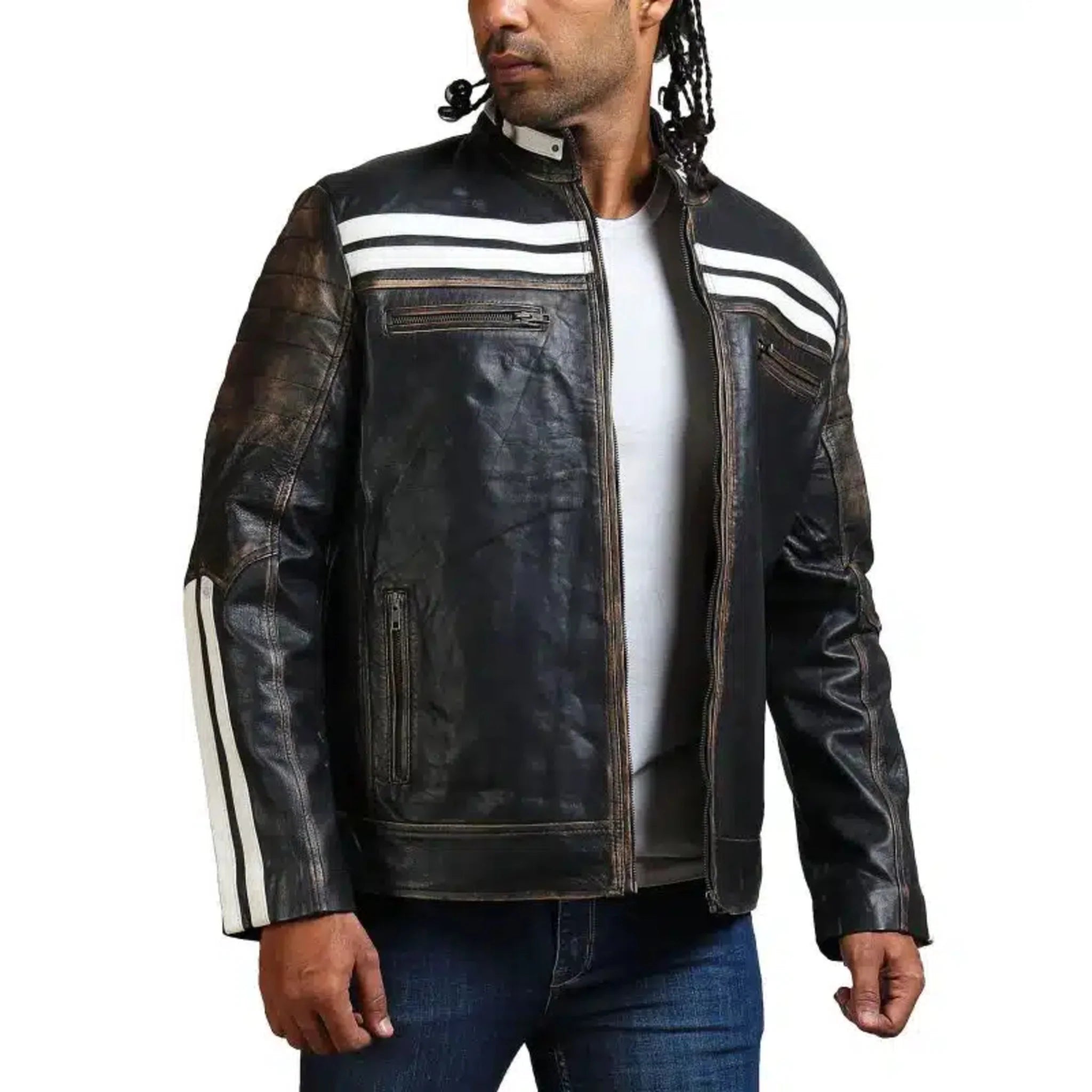 Designer Men Distressed Black Leather Jacket