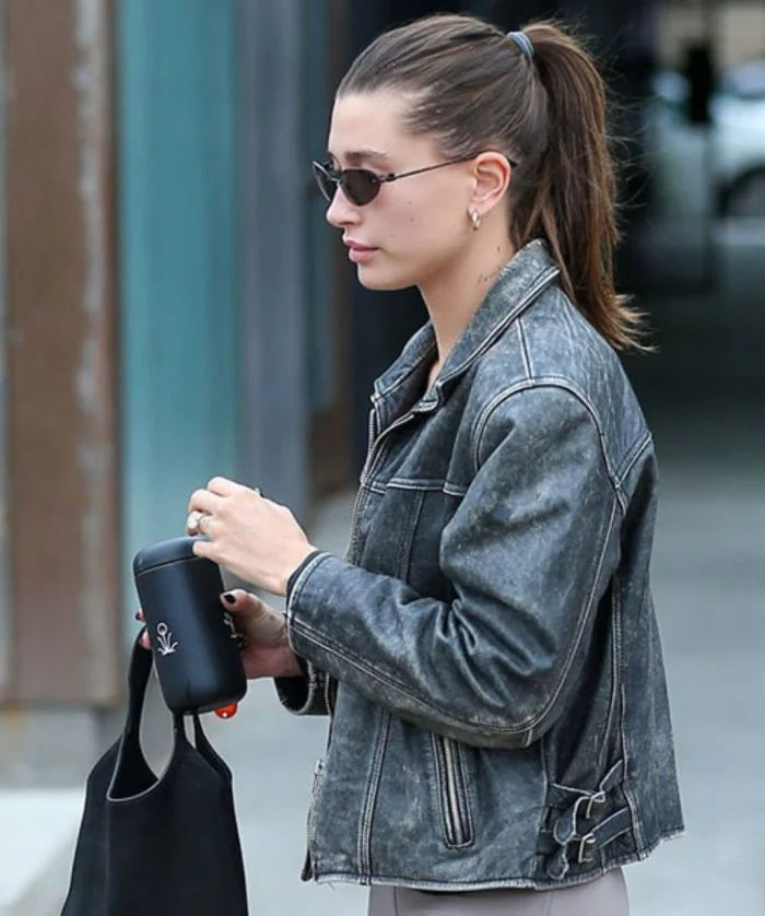 Hailey Bieber Black Distressed Leather Jacket