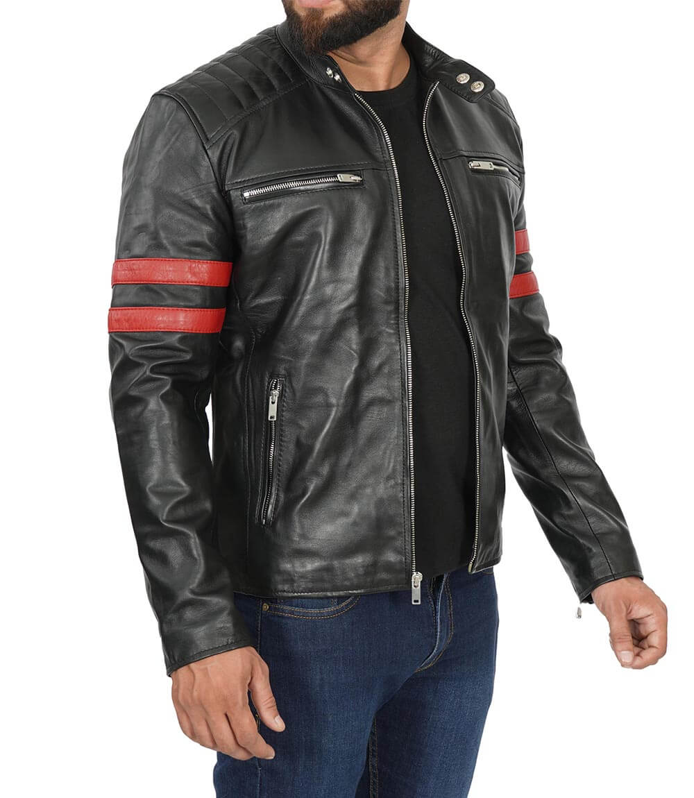 Men Red Stripe Cafe Racer Leather Jacket