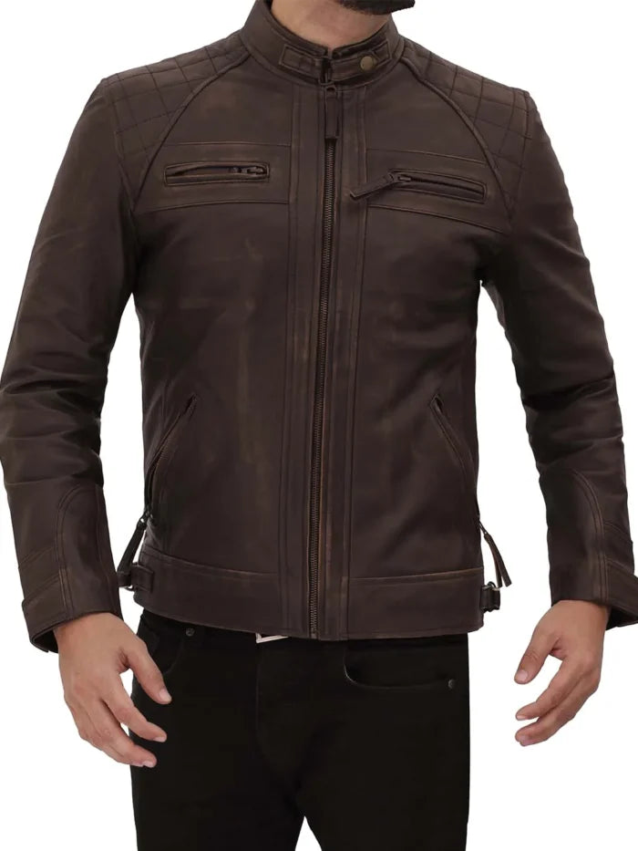 Diamond Men’s Distressed Brown Motorcycle Leather Jacket