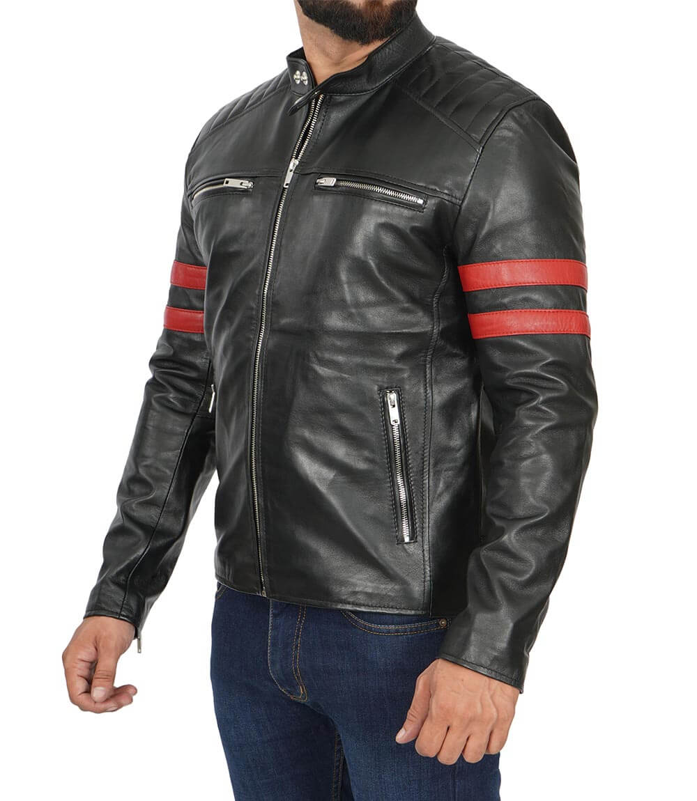 Men Red Stripe Cafe Racer Leather Jacket