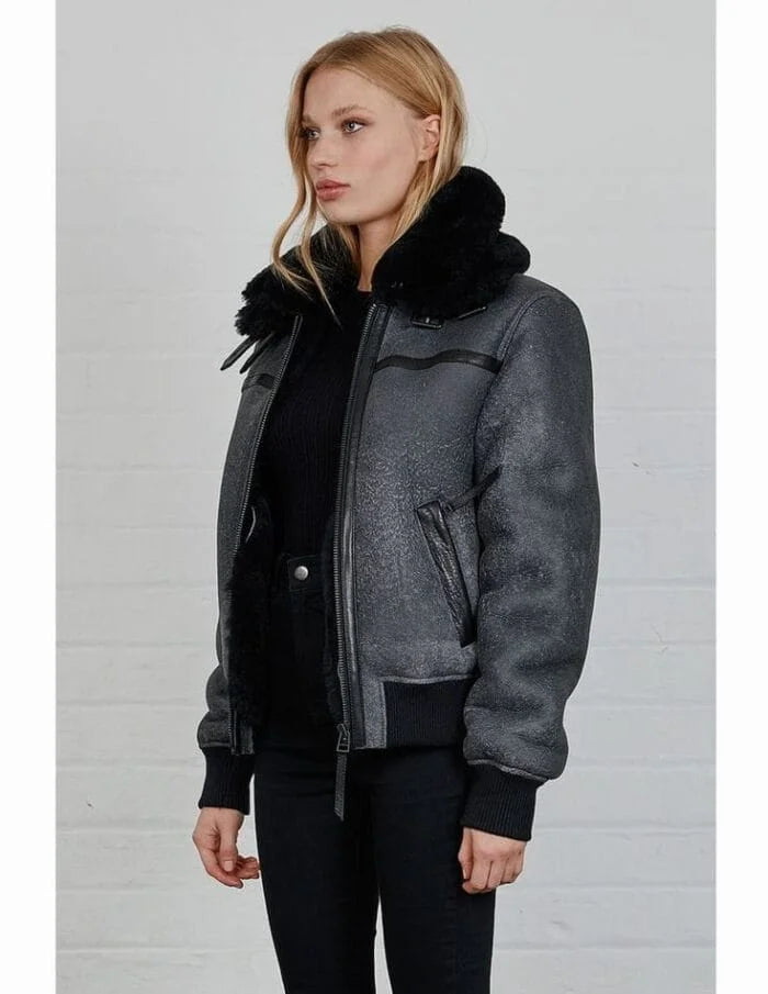 Women B3 Shearling Grey Distressed Leather Jacket