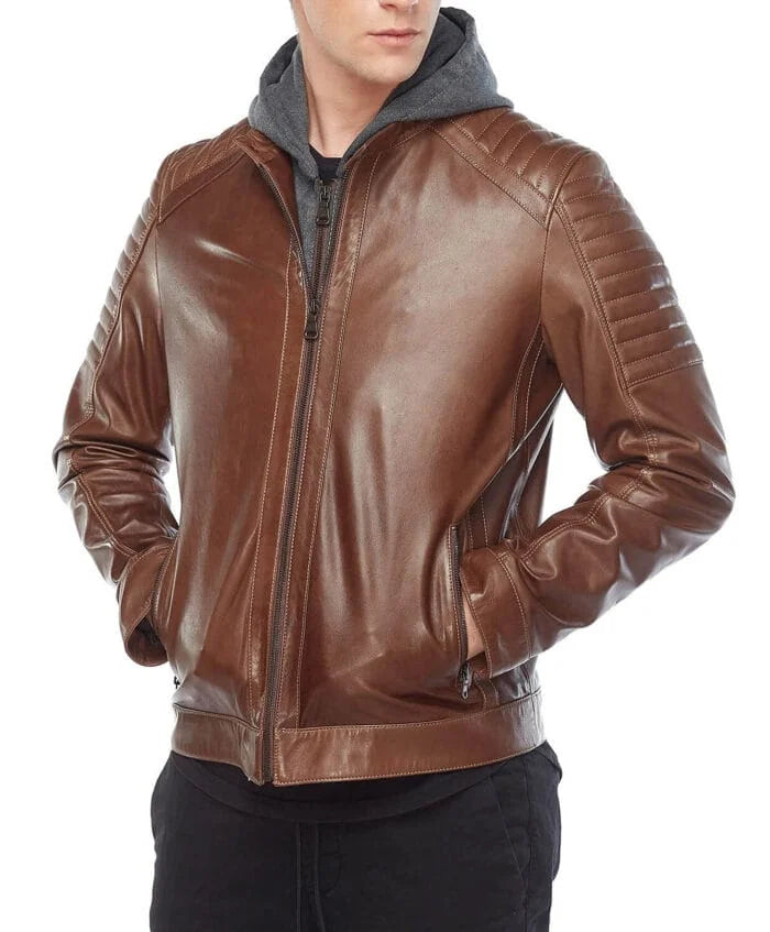 Cameron Brown Hooded Mens Leather Jacket