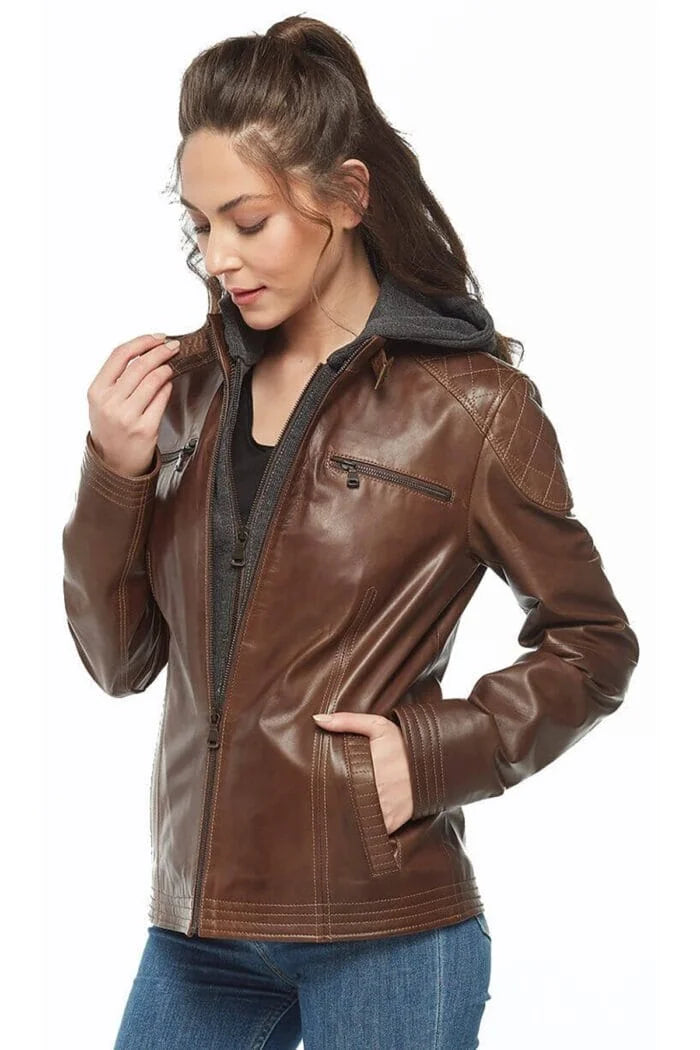 Brown Women’s Hooded Leather Jacket