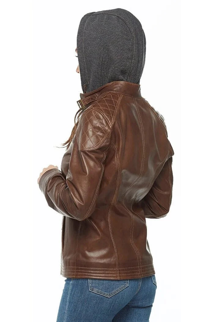 Brown Women’s Hooded Leather Jacket