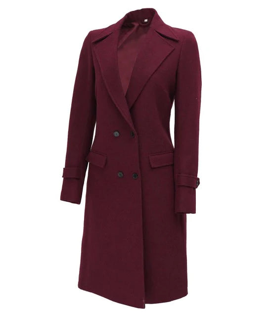 Women’s Double Breasted Maroon Wool Long Coat