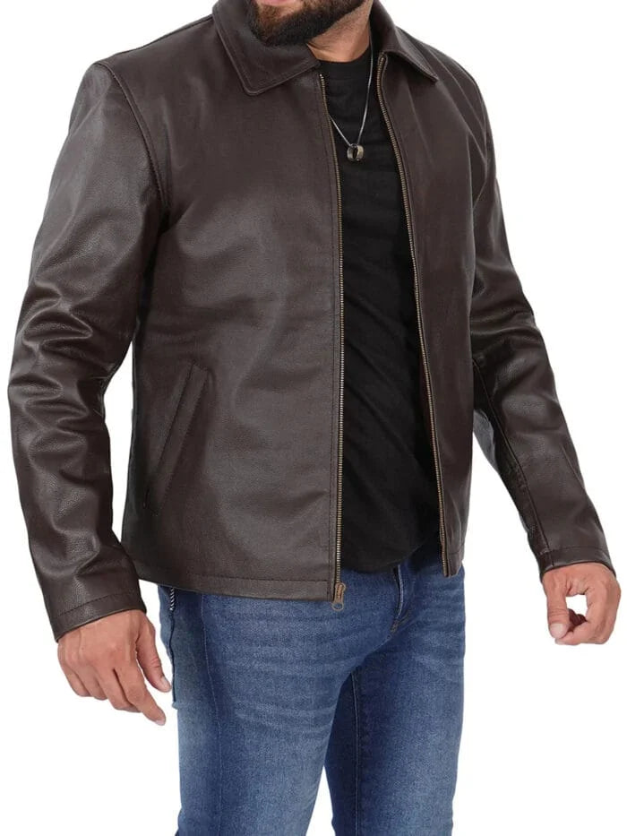 Dark Brown Shirt Collar Cowhide Men’s Leather Jacket