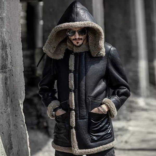 B7 Shearling Camouflage Hooded Black Leather Long Coat