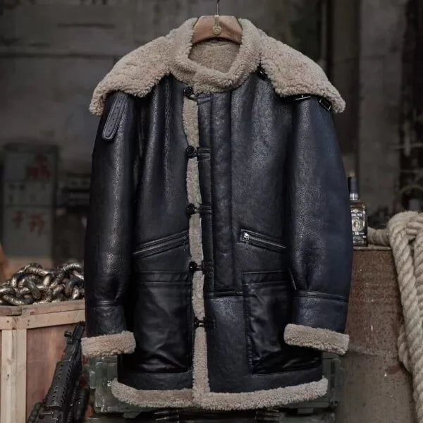 B7 Shearling Camouflage Hooded Black Leather Long Coat