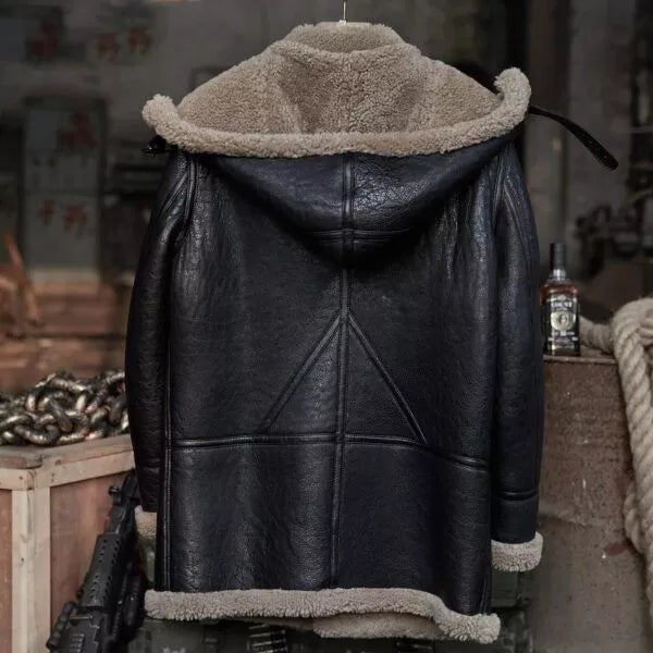 B7 Shearling Camouflage Hooded Black Leather Long Coat