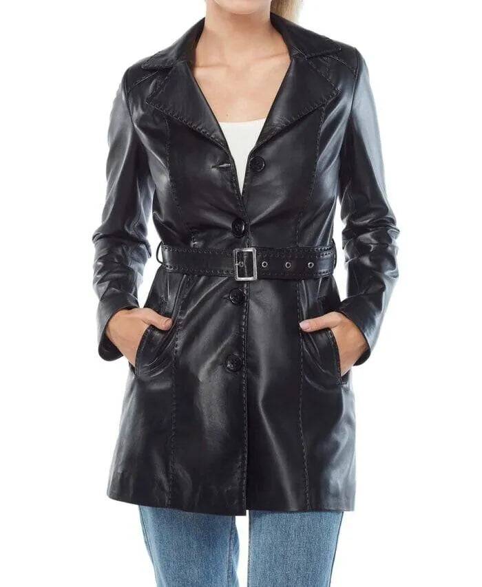 Alexis Real Leather Trench Coat Black