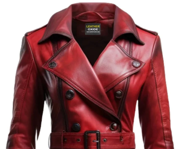 Women’s Distressed Red Leather Long Coat