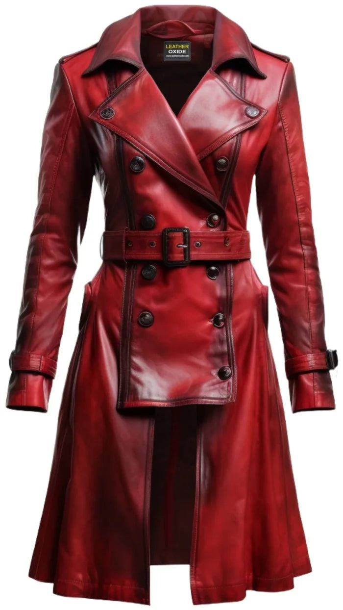 Women’s Distressed Red Leather Long Coat