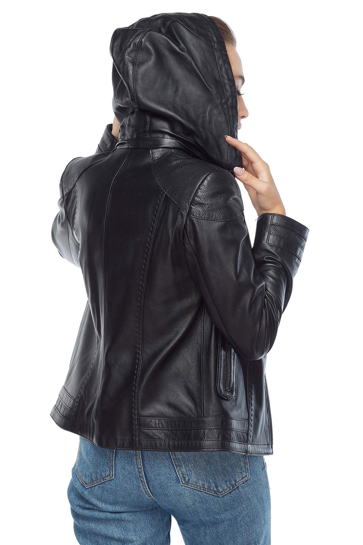 Arden Black Ladies Leather Jacket with Hoodie