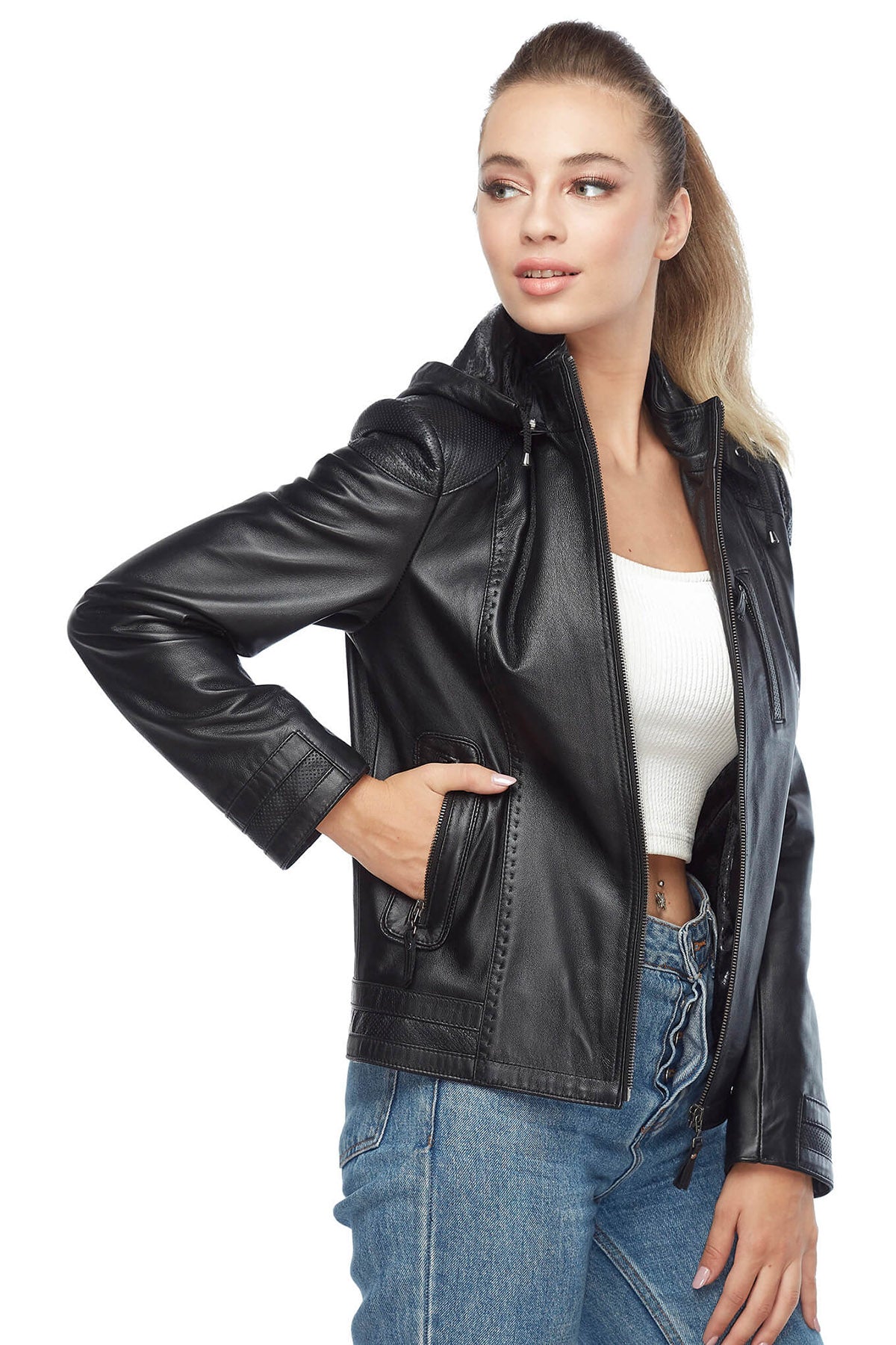 Arden Black Ladies Leather Jacket with Hoodie