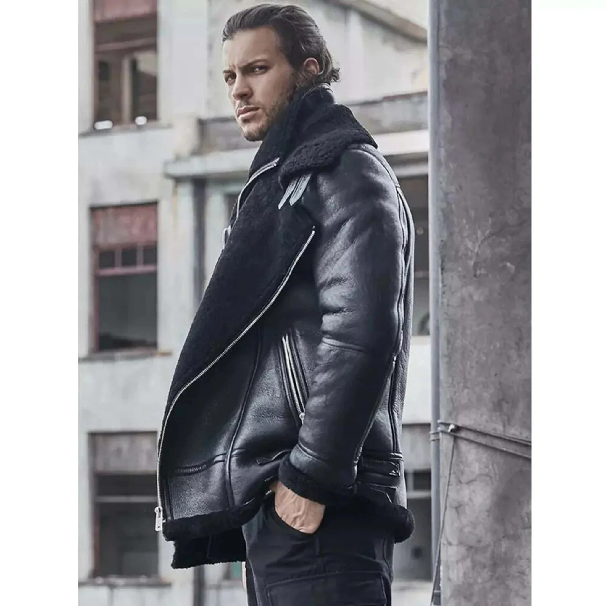 B3 Classic Bomber Shearling Sheepskin Motorcycle Leather Jacket