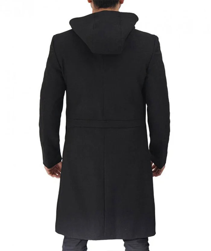 Barry Black Wool Coat With Hood For Mens