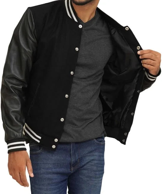 Black Varsity Jacket With Leather Sleeves