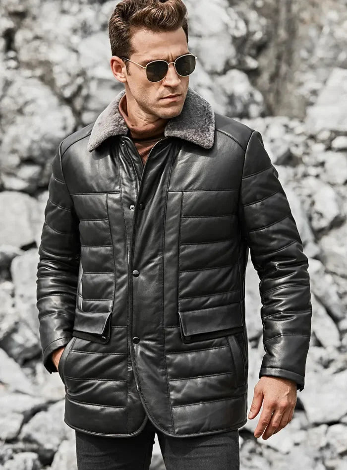 Boston Men’s Black Leather Puffer Coat with Fur Collar