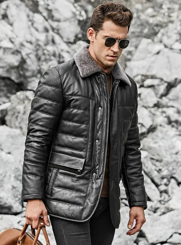 Boston Men’s Black Leather Puffer Coat with Fur Collar