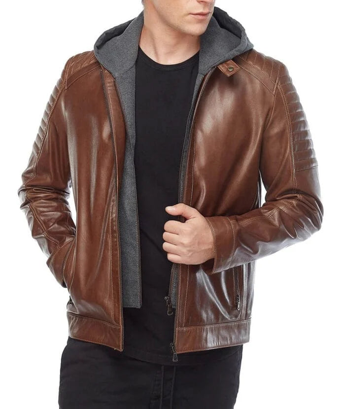 Cameron Brown Hooded Mens Leather Jacket