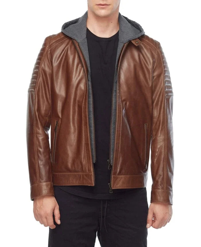 Cameron Brown Hooded Mens Leather Jacket