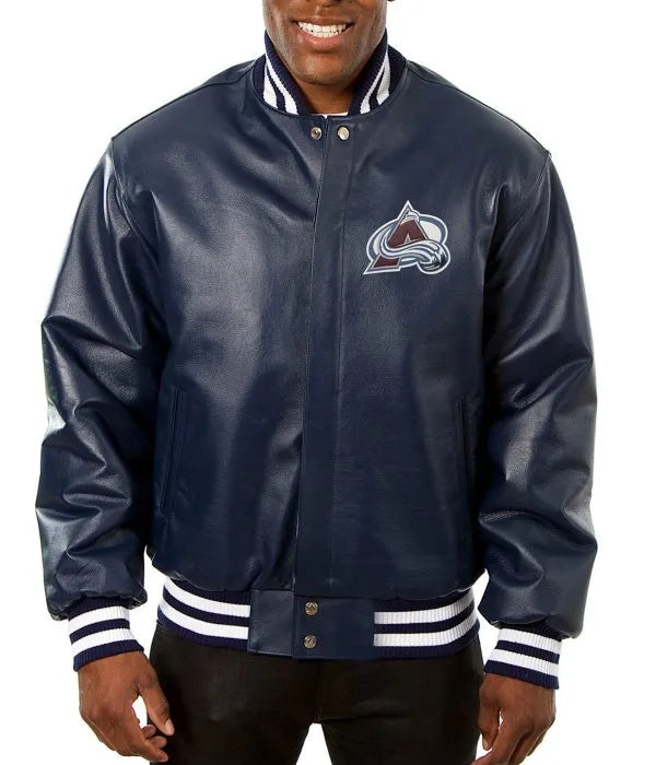 Colorado Avalanche Letterman Navy Blue Leather Jacket