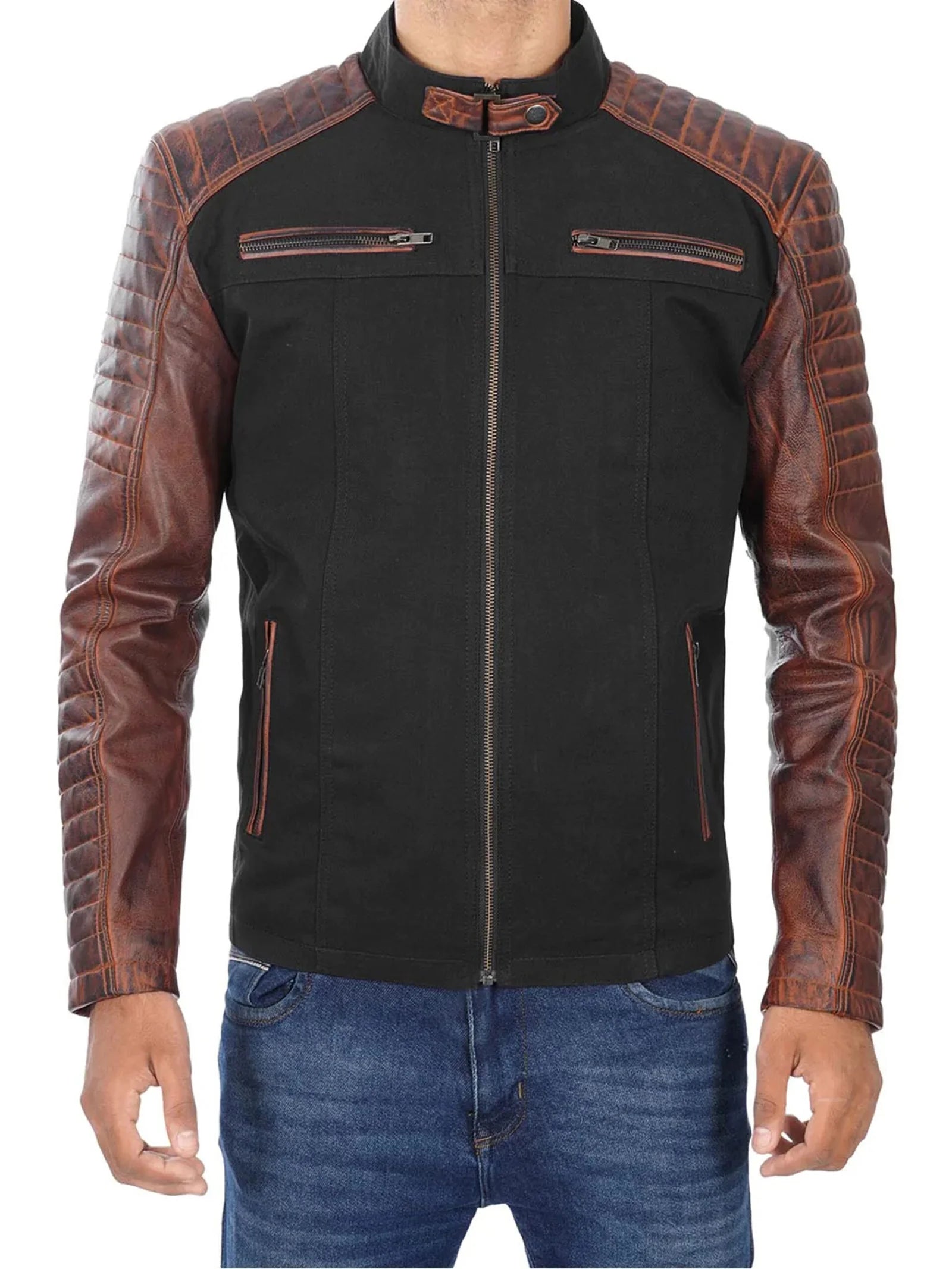 Darrell Men’s Black and Brown Cafe Racer Leather Jacket