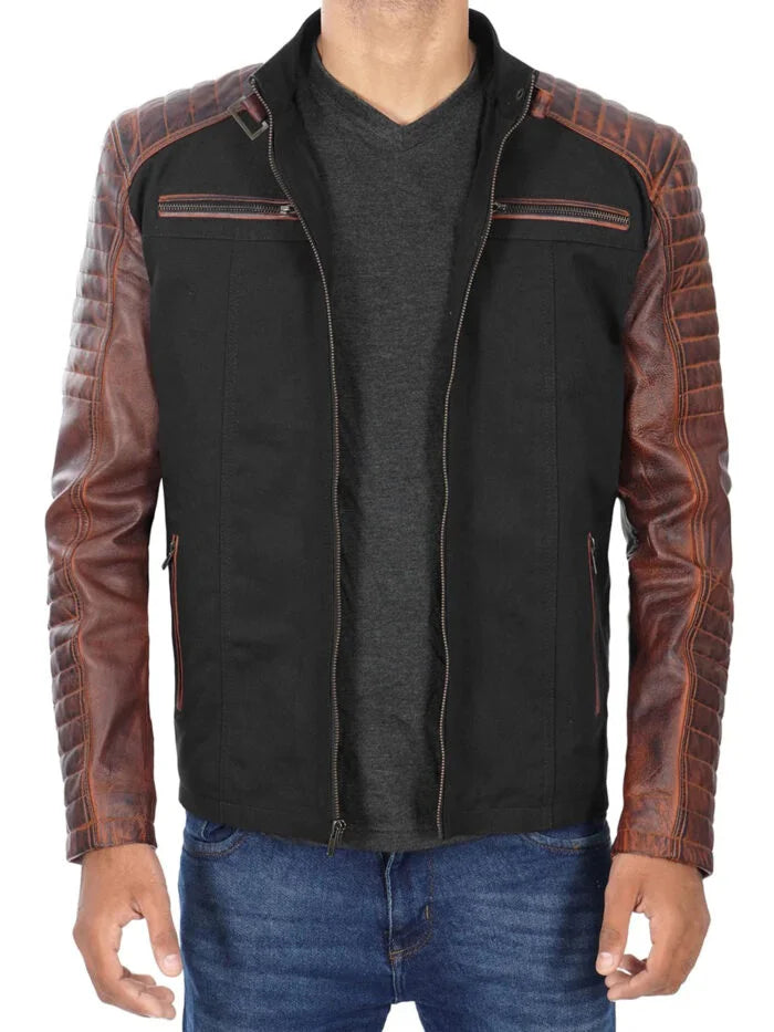 Darrell Men’s Black and Brown Cafe Racer Leather Jacket