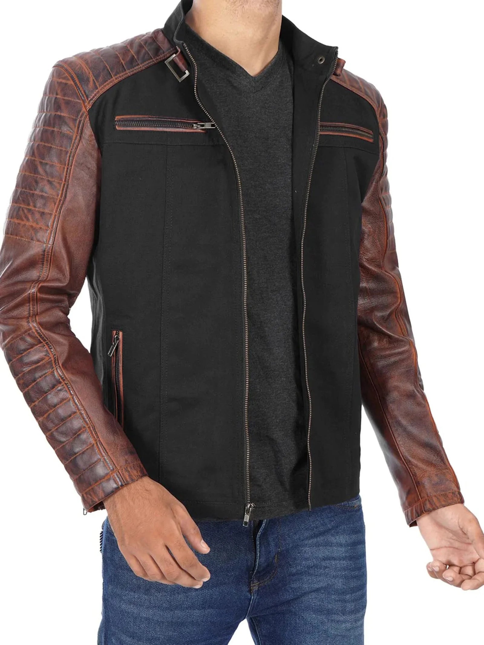 Darrell Men’s Black and Brown Cafe Racer Leather Jacket