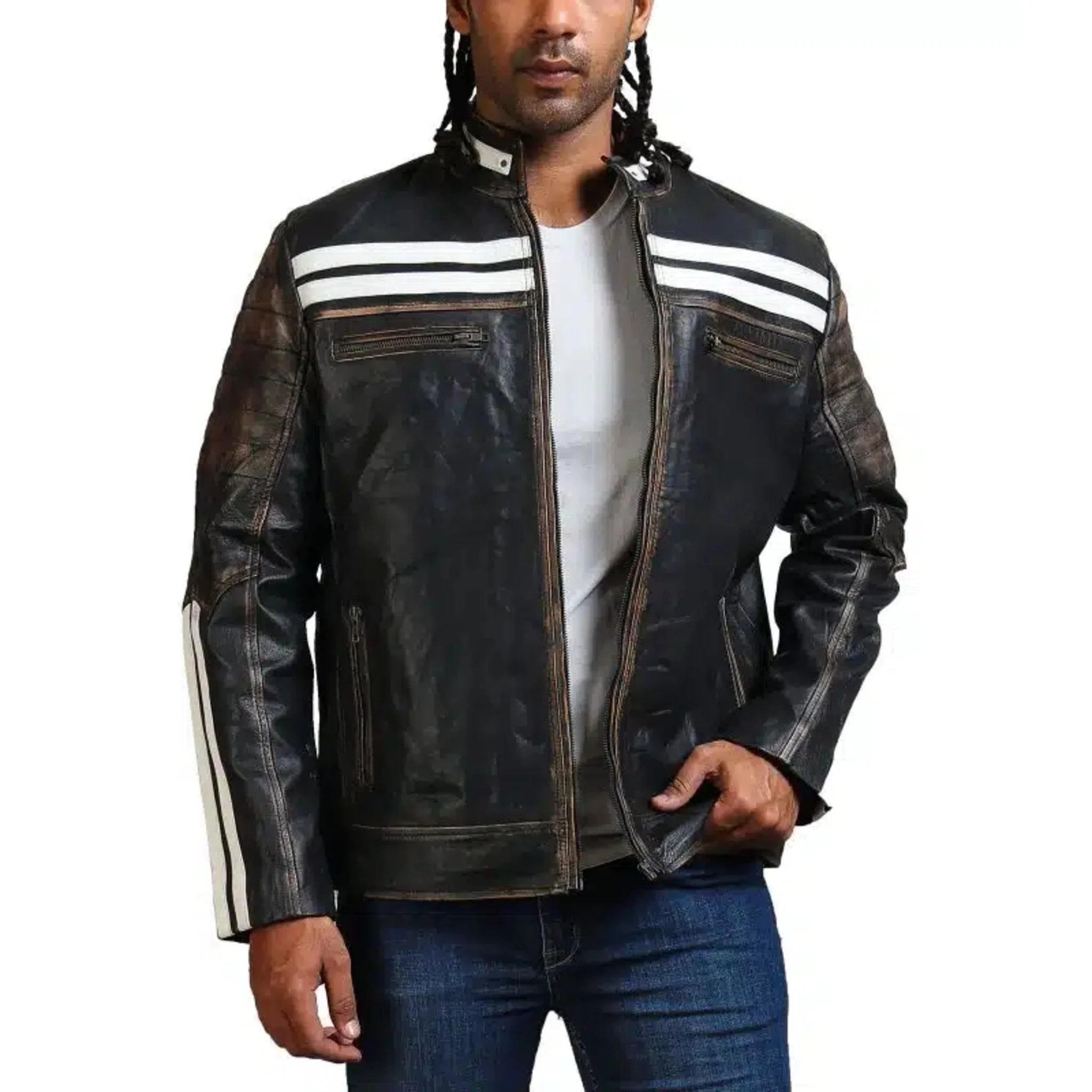 Designer Men Distressed Black Leather Jacket