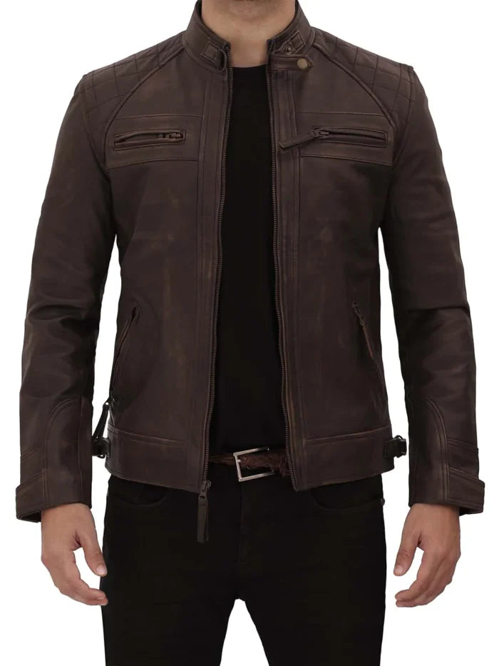 Diamond Men’s Distressed Brown Motorcycle Leather Jacket