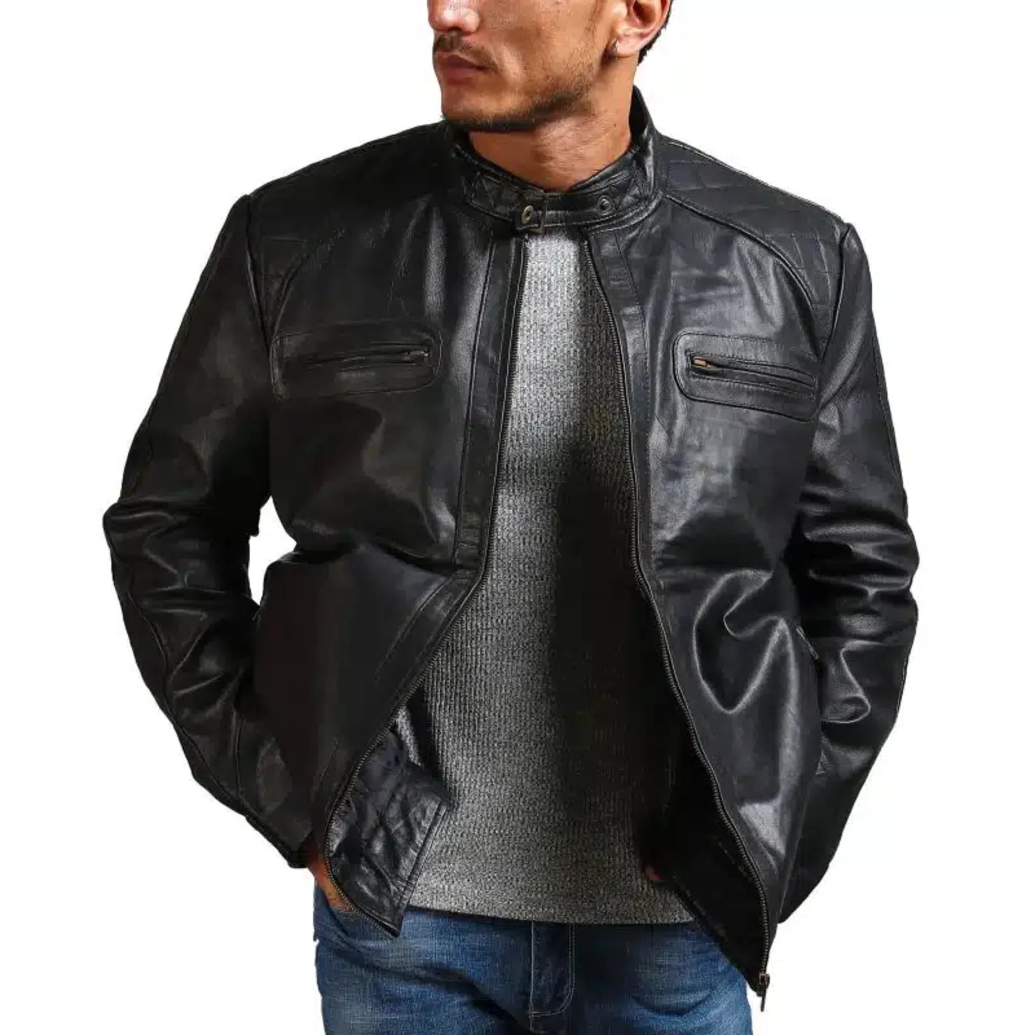 Garcia Men Cafe Racer Black Leather Jacket