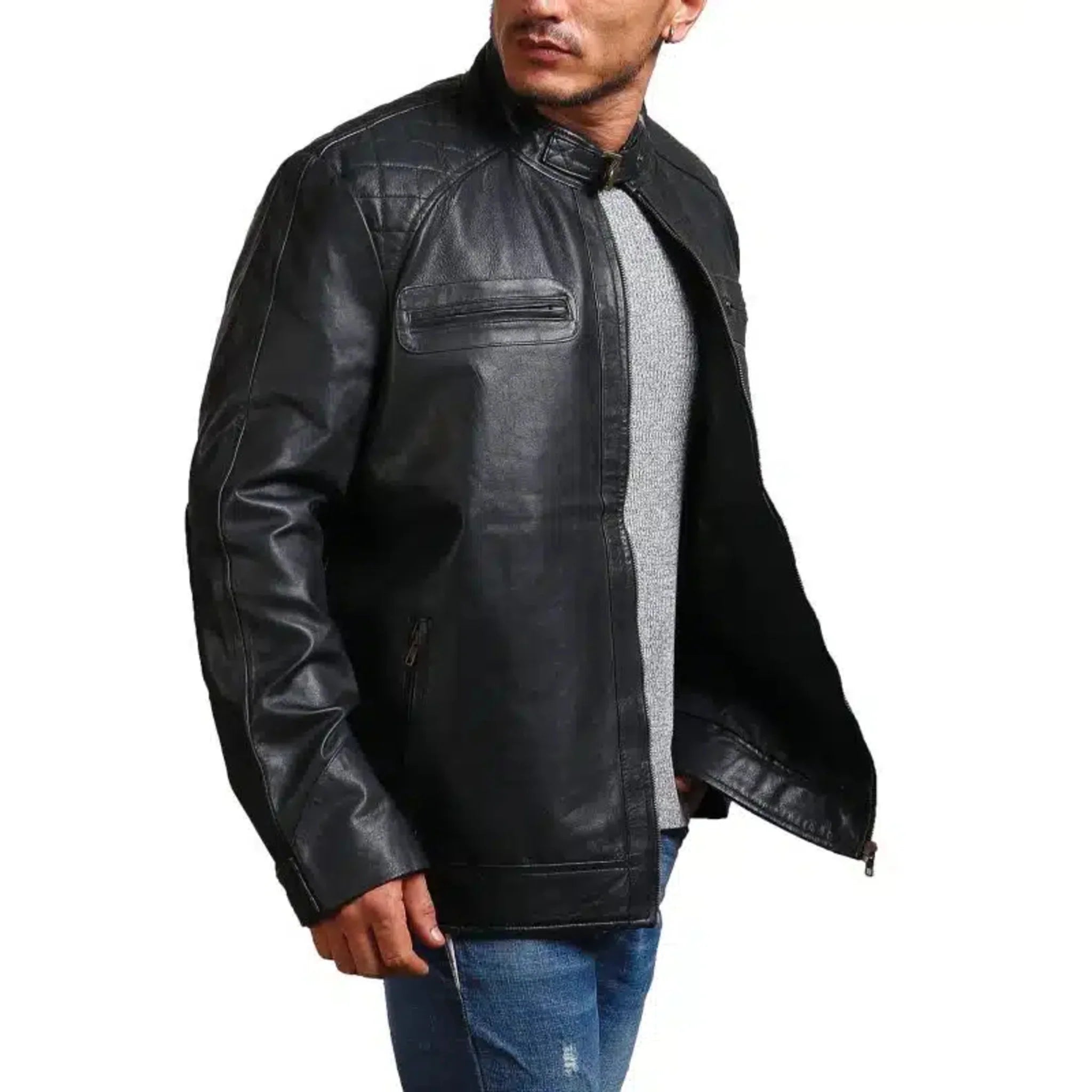 Garcia Men Cafe Racer Black Leather Jacket