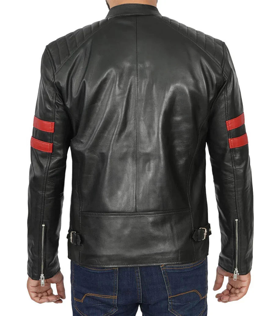 Men Red Stripe Cafe Racer Leather Jacket