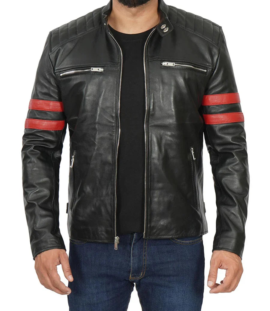 Men Red Stripe Cafe Racer Leather Jacket