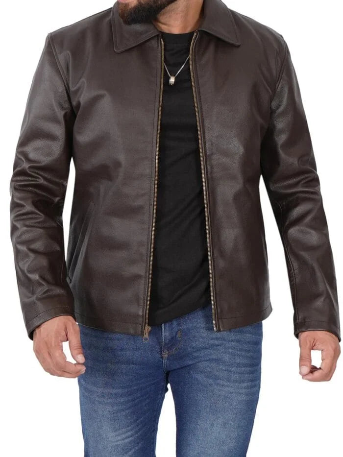 Dark Brown Shirt Collar Cowhide Men’s Leather Jacket