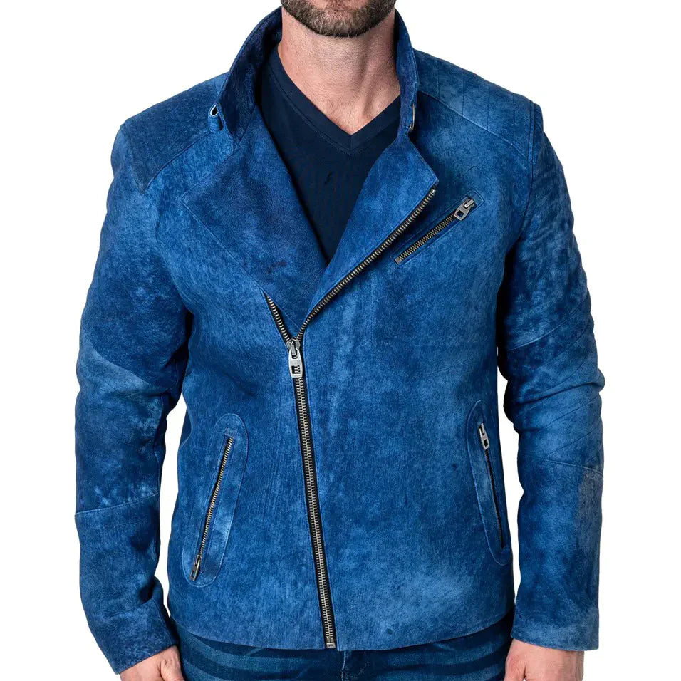 Mens Blue Suede Leather Jacket