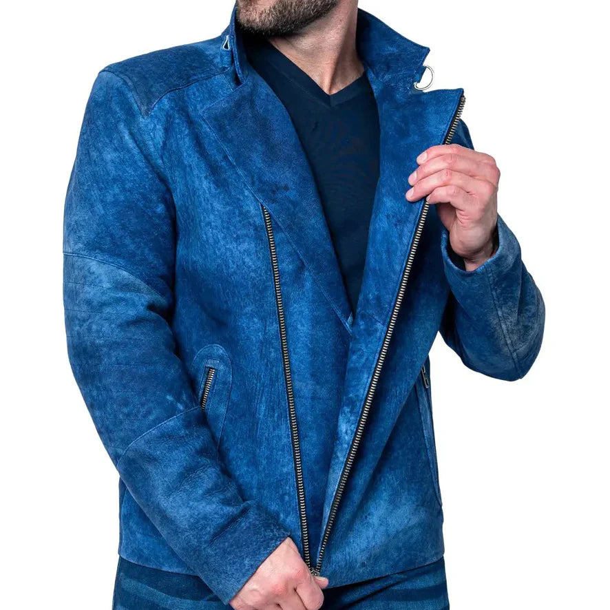 Mens Blue Suede Leather Jacket