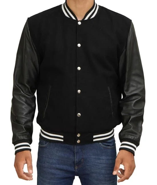 Black Varsity Jacket With Leather Sleeves