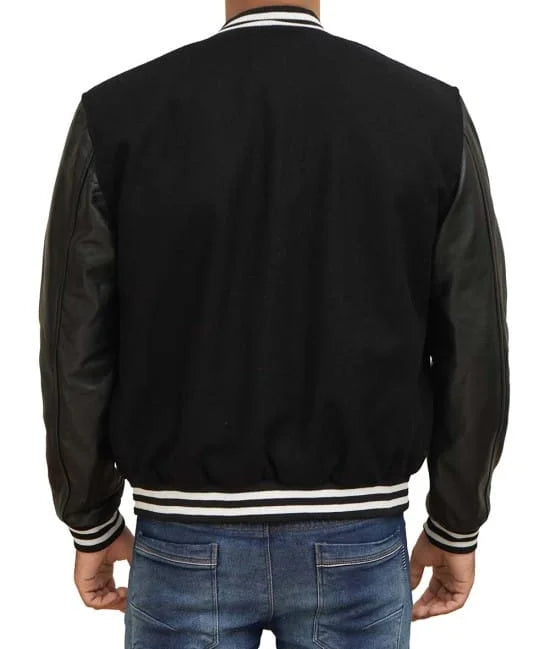 Black Varsity Jacket With Leather Sleeves