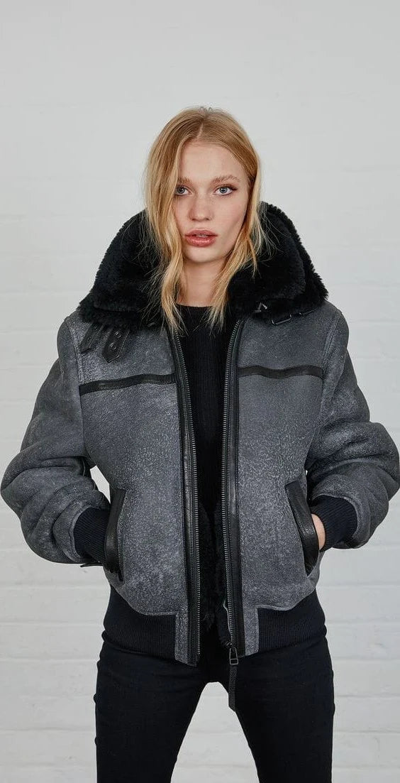 Women B3 Shearling Grey Distressed Leather Jacket