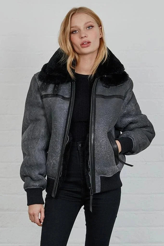 Women B3 Shearling Grey Distressed Leather Jacket